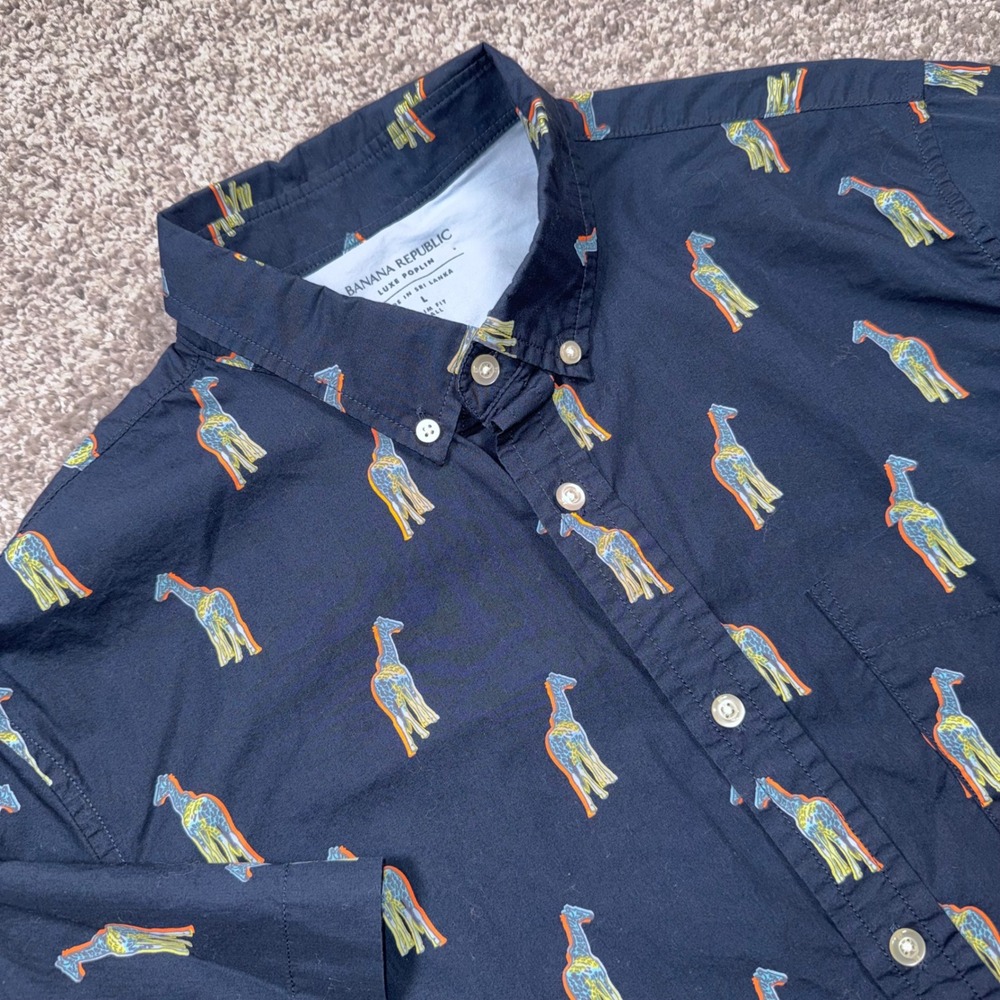 Banana Republic Luxe Poplin Shirt Mens Giraffe Print Navy Blue L Tall EXCELLENT